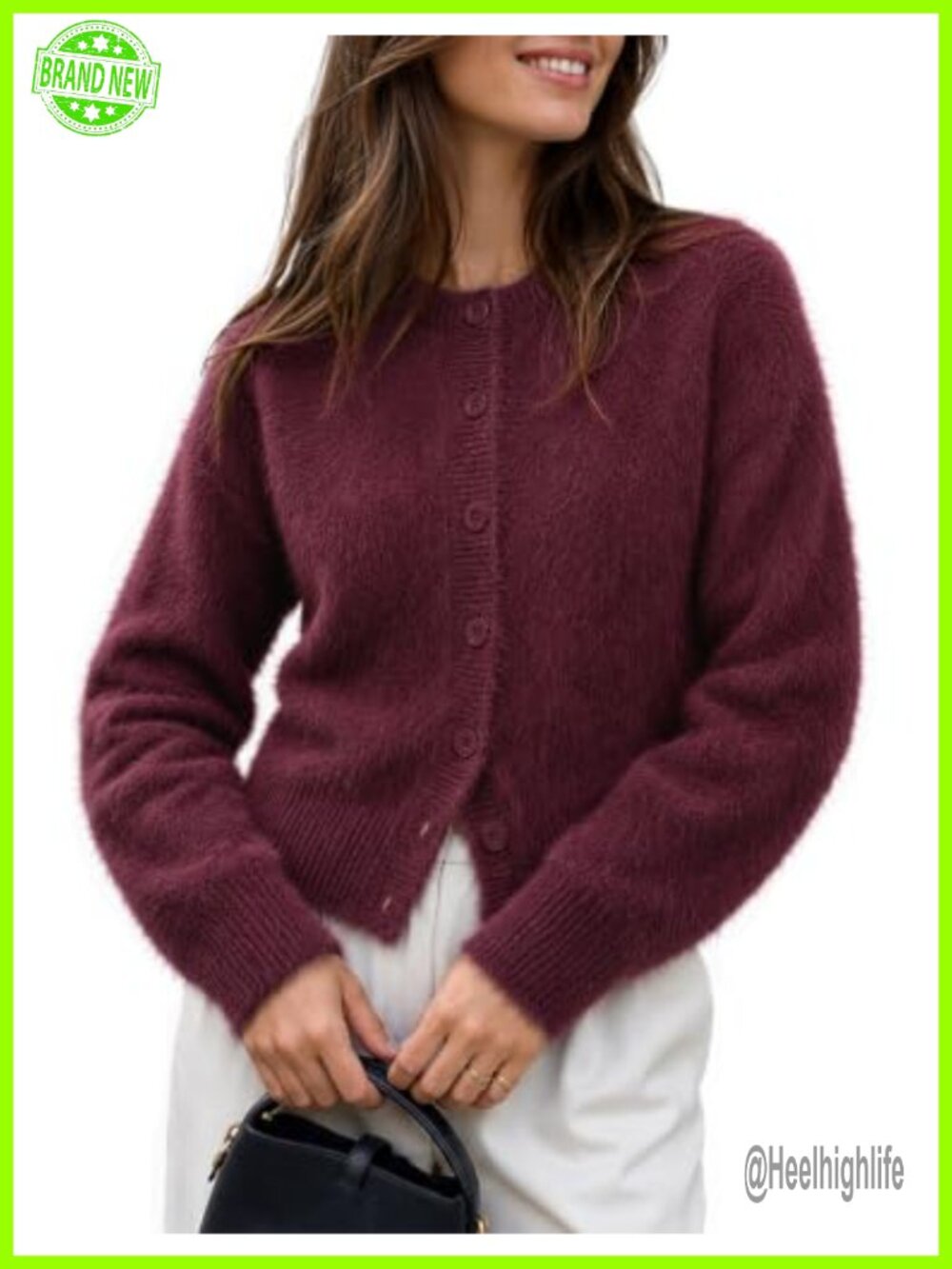 Women's Fuzzy Button Cardigan Sweater Long Sleeve Crew Neck